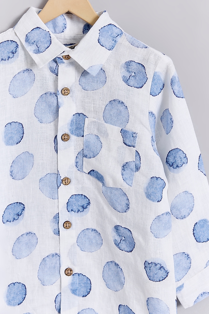 White Linen Blue Dot Printed Shirt For Kids by Linen Bloom - Kids at Pernia's Pop Up Shop