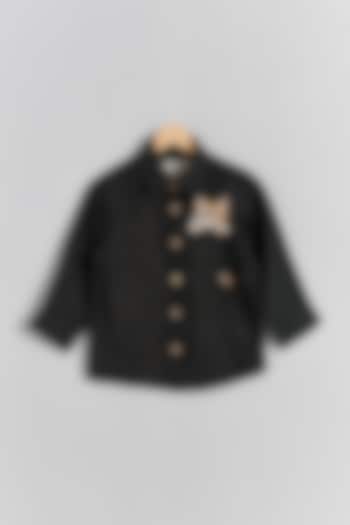 Black Linen Cat Embroidered Shirt For Kids by Linen Bloom - Kids at Pernia's Pop Up Shop