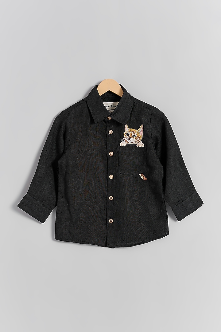 Black Linen Cat Embroidered Shirt For Kids by Linen Bloom - Kids at Pernia's Pop Up Shop
