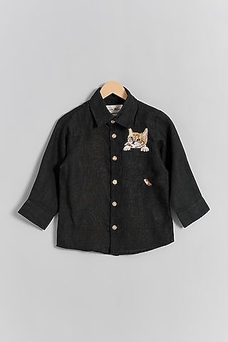 Black Linen Cat Embroidered Shirt For Kids by Linen Bloom - Kids