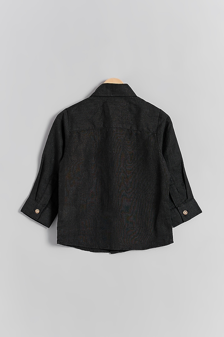 Black Linen Cat Embroidered Shirt For Kids by Linen Bloom - Kids at Pernia's Pop Up Shop