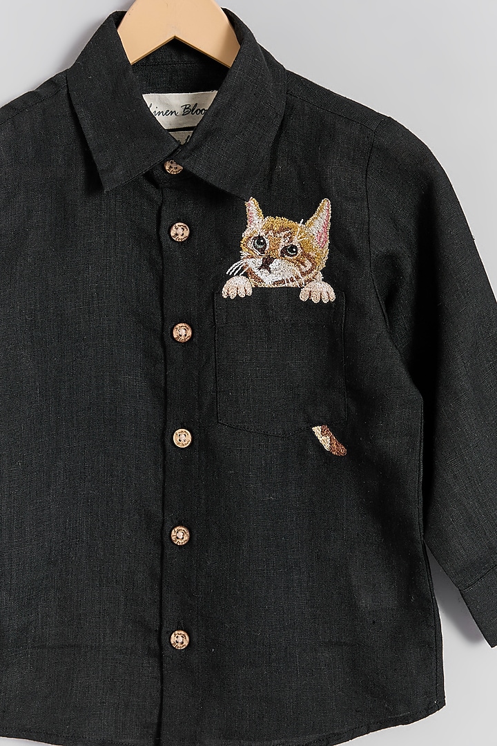 Black Linen Cat Embroidered Shirt For Kids by Linen Bloom - Kids at Pernia's Pop Up Shop