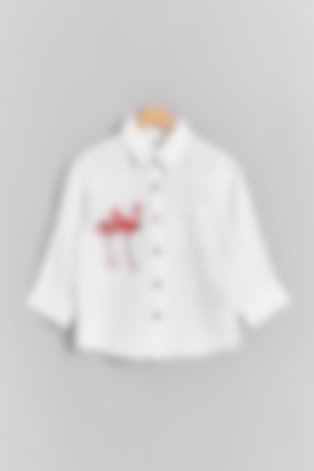 White Linen Flamingo Embroidered Shirt For Kids by Linen Bloom - Kids at Pernia's Pop Up Shop