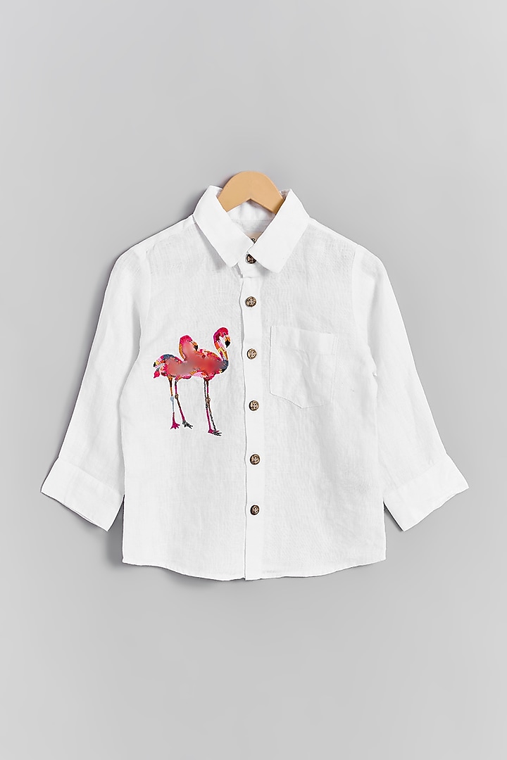 White Linen Flamingo Embroidered Shirt For Kids by Linen Bloom - Kids at Pernia's Pop Up Shop