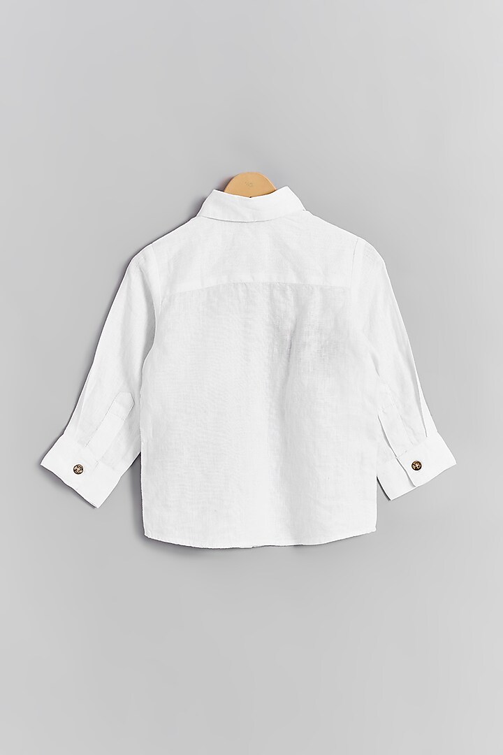White Linen Flamingo Embroidered Shirt For Kids by Linen Bloom - Kids at Pernia's Pop Up Shop