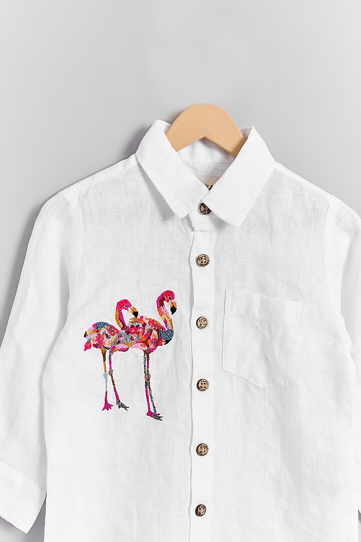 White Linen Flamingo Embroidered Shirt For Kids by Linen Bloom - Kids at Pernia's Pop Up Shop