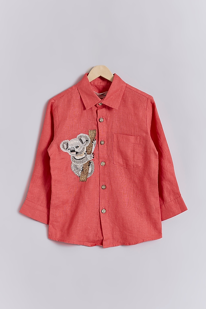 Coral Linen Koala Bear Embroidered Shirt For Kids by Linen Bloom - Kids at Pernia's Pop Up Shop