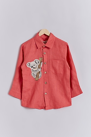 Coral Linen Koala Bear Embroidered Shirt For Kids by Linen Bloom - Kids