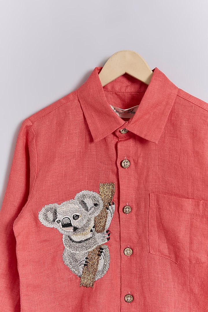 Coral Linen Koala Bear Embroidered Shirt For Kids by Linen Bloom - Kids at Pernia's Pop Up Shop