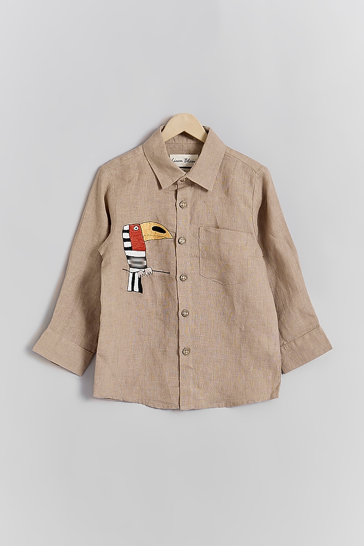 Brown Linen Toucan Embroidered Shirt For Kids by Linen Bloom - Kids at Pernia's Pop Up Shop