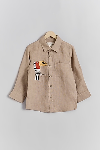 Brown Linen Toucan Embroidered Shirt For Kids by Linen Bloom - Kids