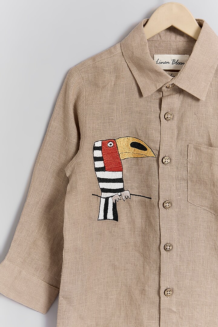 Brown Linen Toucan Embroidered Shirt For Kids by Linen Bloom - Kids at Pernia's Pop Up Shop