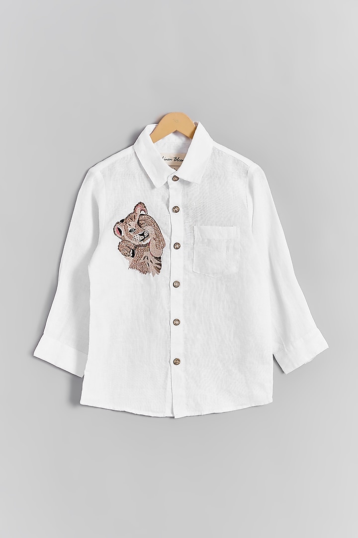 White Linen Simba Embroidered Shirt For Kids by Linen Bloom - Kids at Pernia's Pop Up Shop