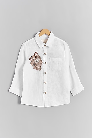 White Linen Simba Embroidered Shirt For Kids by Linen Bloom - Kids