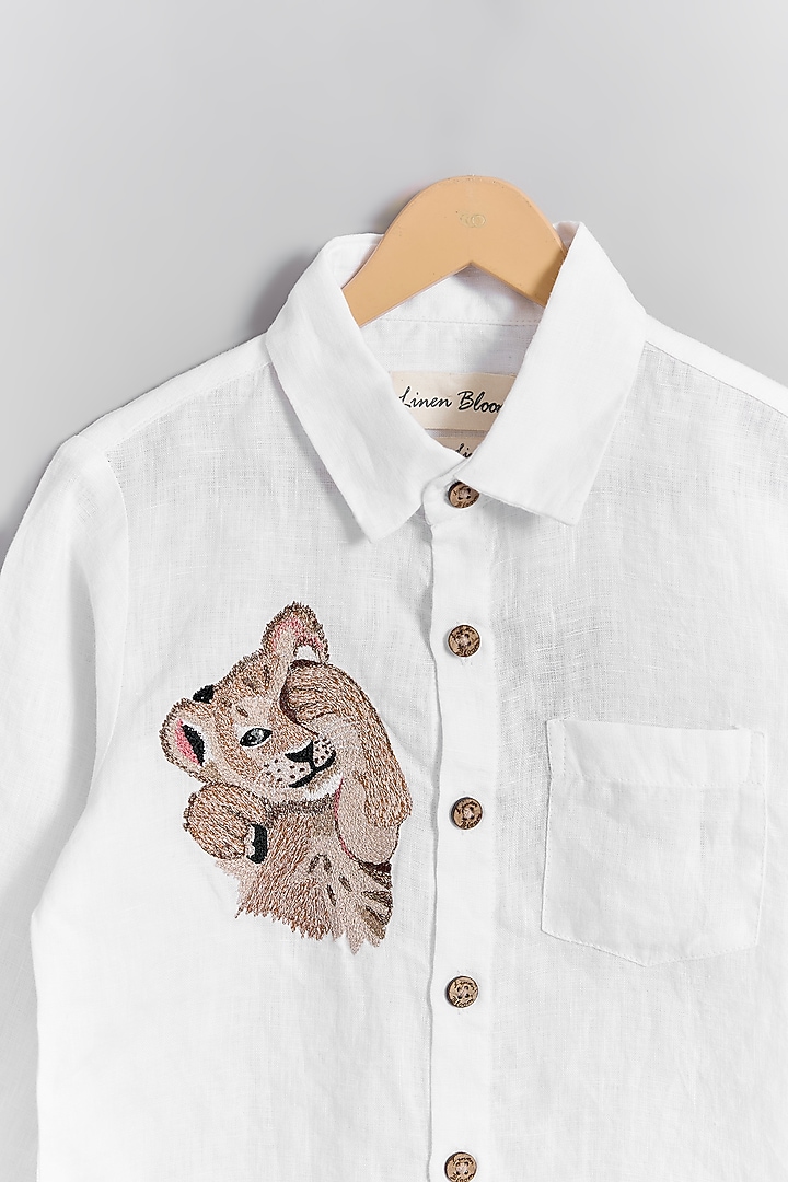 White Linen Simba Embroidered Shirt For Kids by Linen Bloom - Kids at Pernia's Pop Up Shop