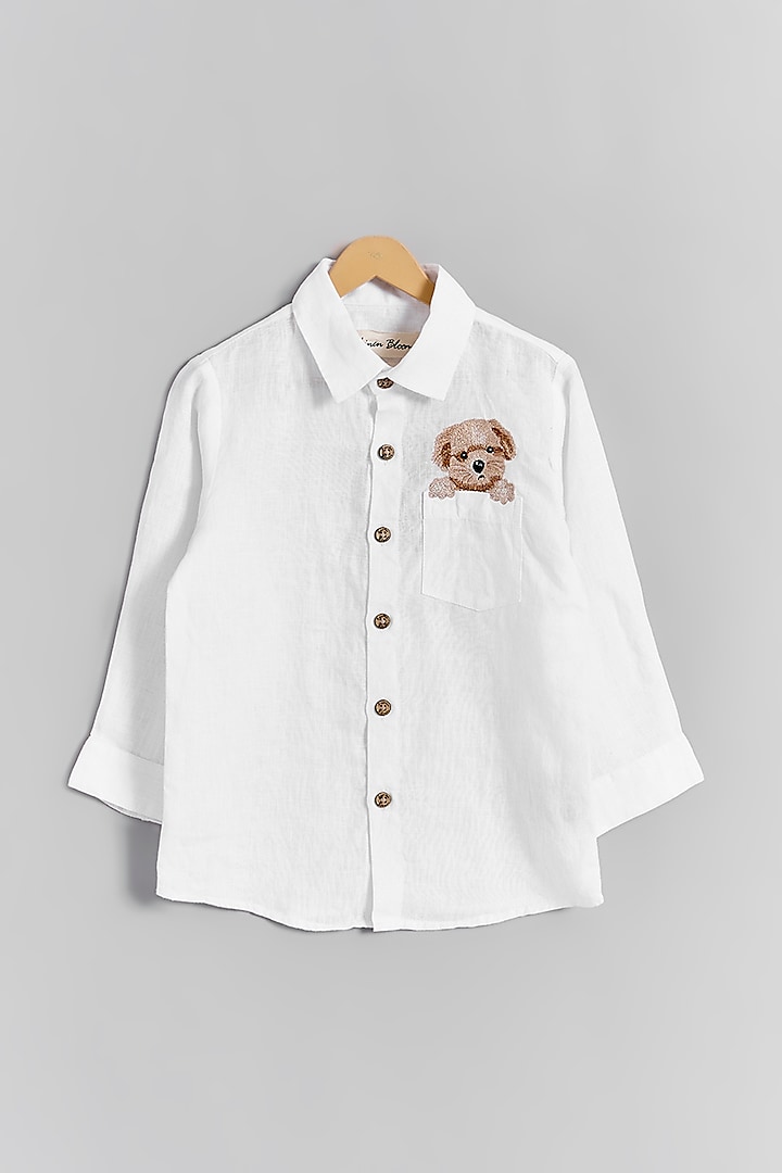White Linen Dog Embroidered Shirt For Kids by Linen Bloom - Kids at Pernia's Pop Up Shop