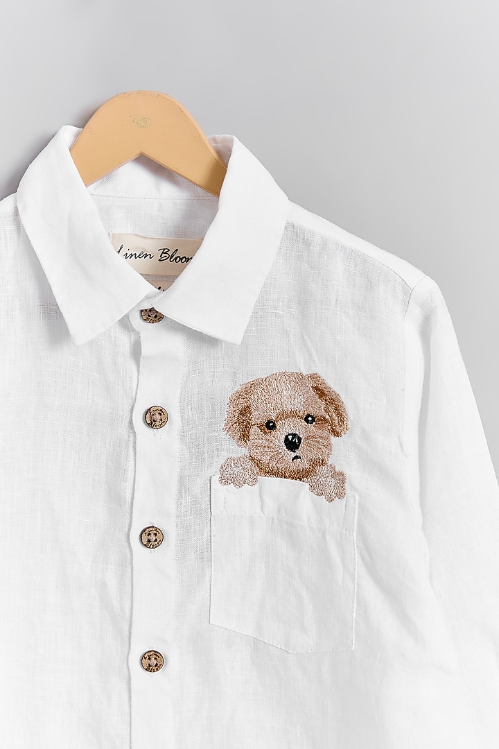White Linen Dog Embroidered Shirt For Kids by Linen Bloom - Kids at Pernia's Pop Up Shop
