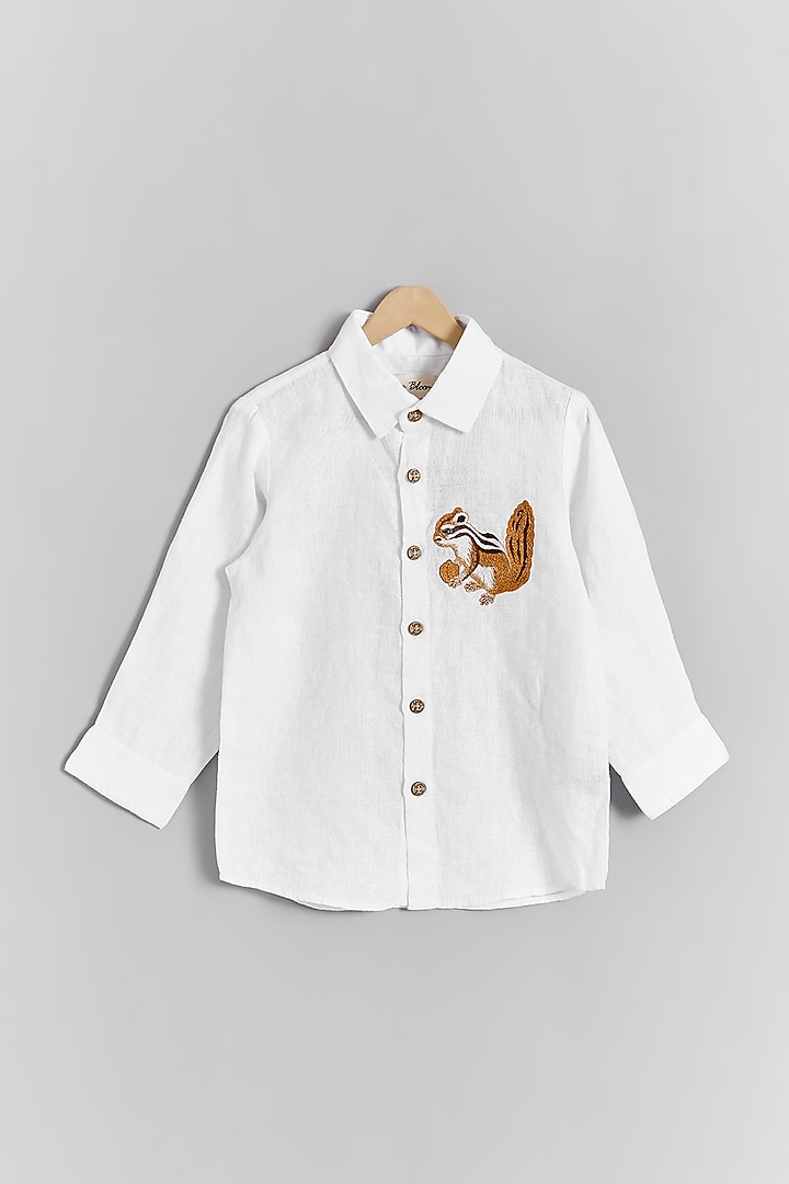 White Linen Squirrel Embroidered Shirt For Kids by Linen Bloom - Kids at Pernia's Pop Up Shop