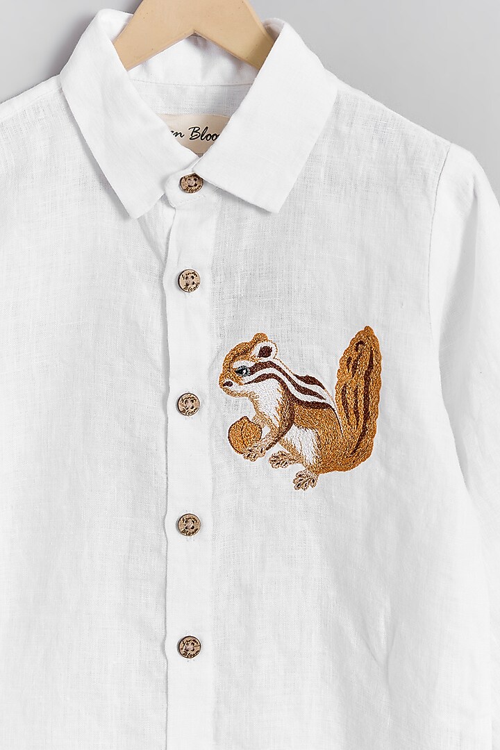 White Linen Squirrel Embroidered Shirt For Kids by Linen Bloom - Kids at Pernia's Pop Up Shop