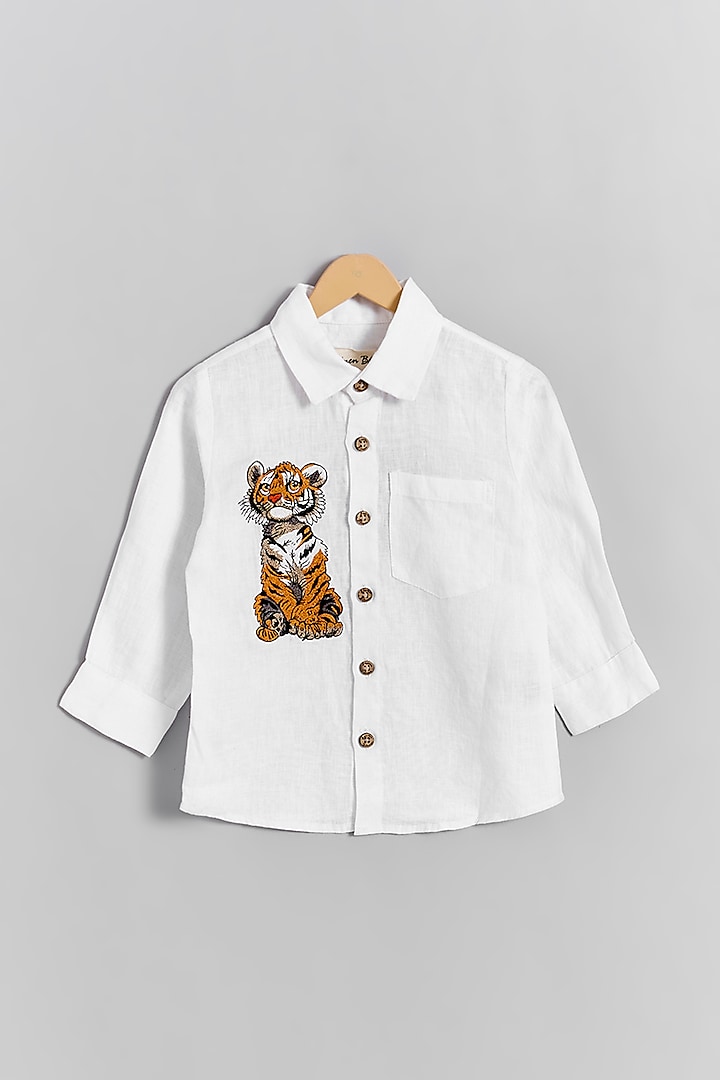 White Linen Tiger Cub Embroidered Shirt For Kids by Linen Bloom - Kids at Pernia's Pop Up Shop