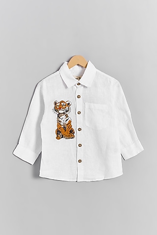 White Linen Tiger Cub Embroidered Shirt For Kids by Linen Bloom - Kids
