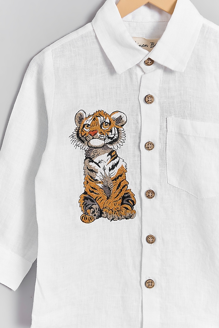 White Linen Tiger Cub Embroidered Shirt For Kids by Linen Bloom - Kids at Pernia's Pop Up Shop
