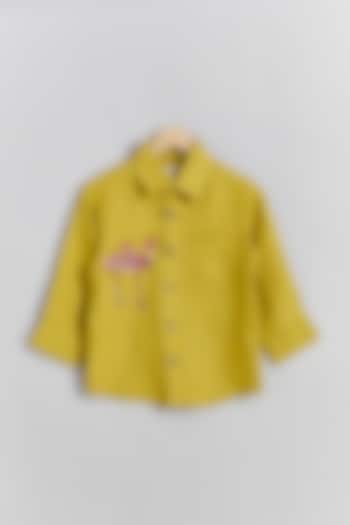 Lime Green Linen Flamingo Embroidered Shirt For Kids by Linen Bloom - Kids at Pernia's Pop Up Shop