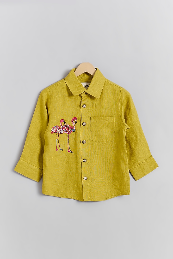 Lime Green Linen Flamingo Embroidered Shirt For Kids by Linen Bloom - Kids at Pernia's Pop Up Shop
