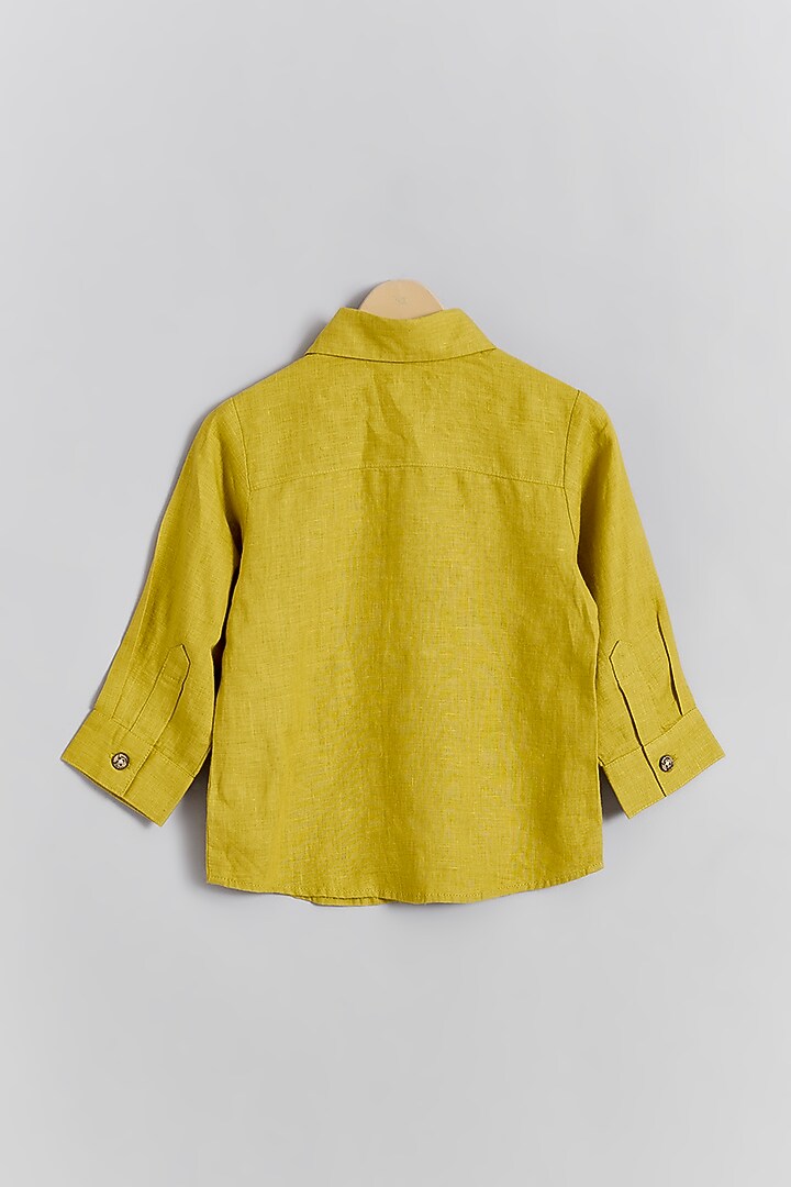 Lime Green Linen Flamingo Embroidered Shirt For Kids by Linen Bloom - Kids at Pernia's Pop Up Shop