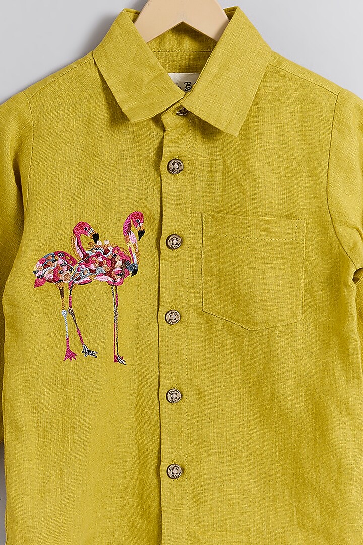 Lime Green Linen Flamingo Embroidered Shirt For Kids by Linen Bloom - Kids at Pernia's Pop Up Shop