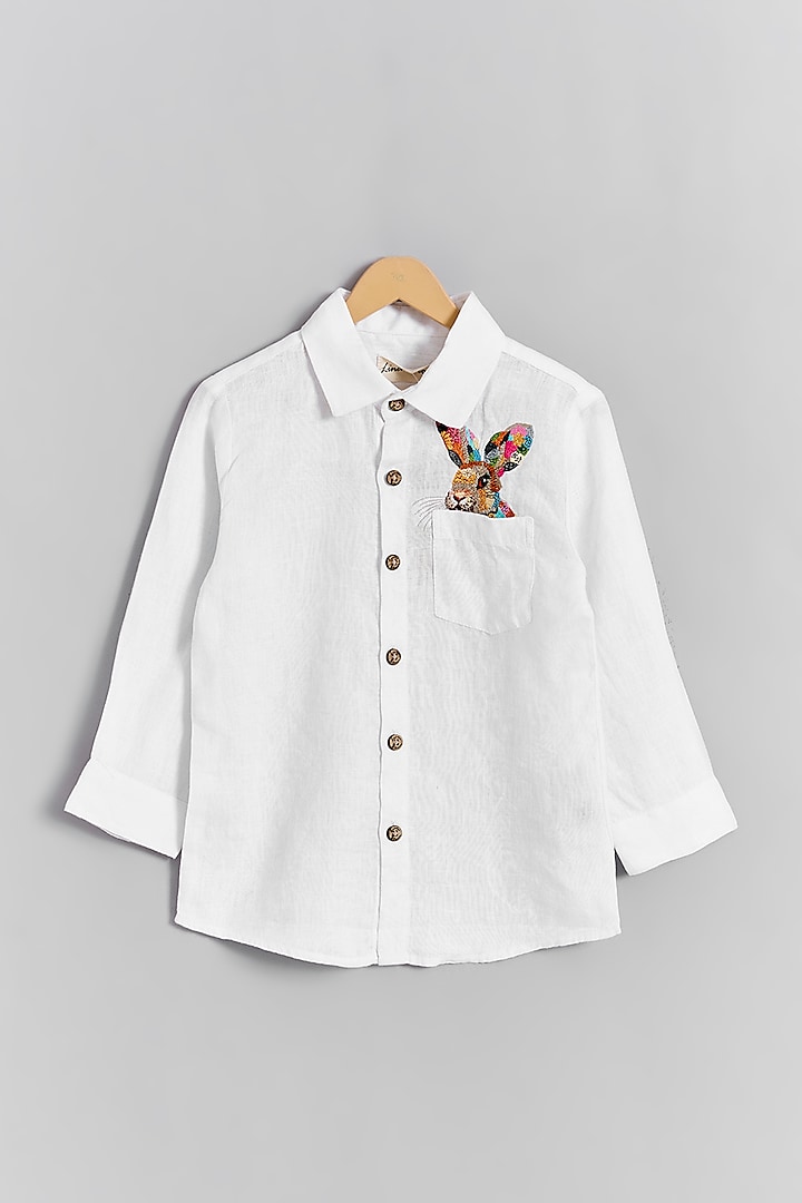 White Linen Bunny Embroidered Shirt For Kids by Linen Bloom - Kids at Pernia's Pop Up Shop
