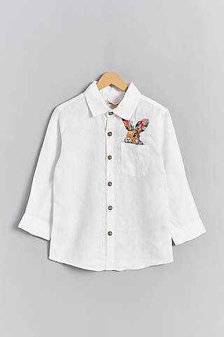 White Linen Bunny Embroidered Shirt For Kids by Linen Bloom - Kids