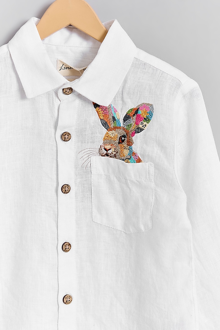 White Linen Bunny Embroidered Shirt For Kids by Linen Bloom - Kids at Pernia's Pop Up Shop