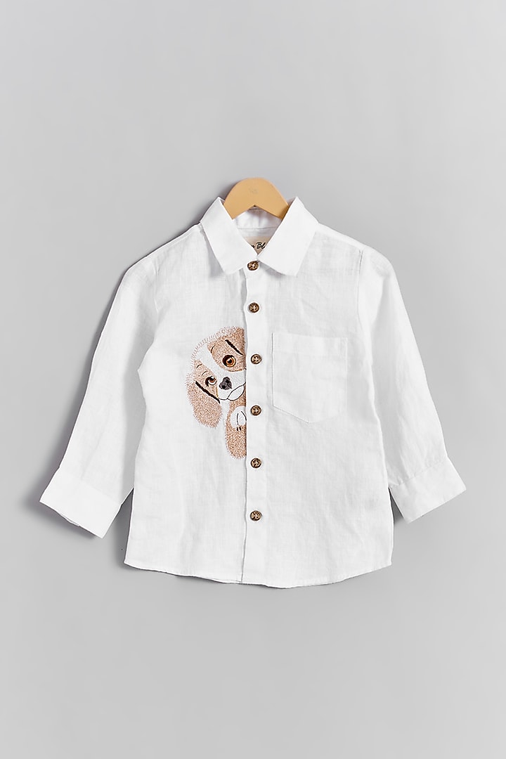 White Linen Coco Puppy Embroidered Shirt For Kids by Linen Bloom - Kids at Pernia's Pop Up Shop