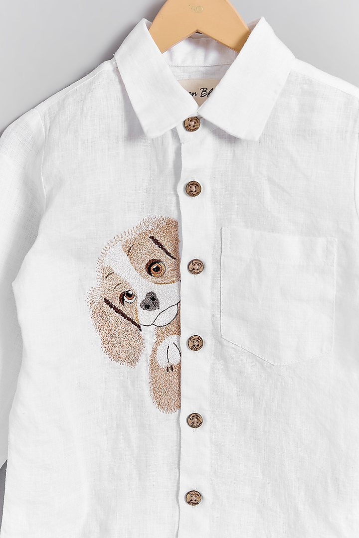 White Linen Coco Puppy Embroidered Shirt For Kids by Linen Bloom - Kids at Pernia's Pop Up Shop
