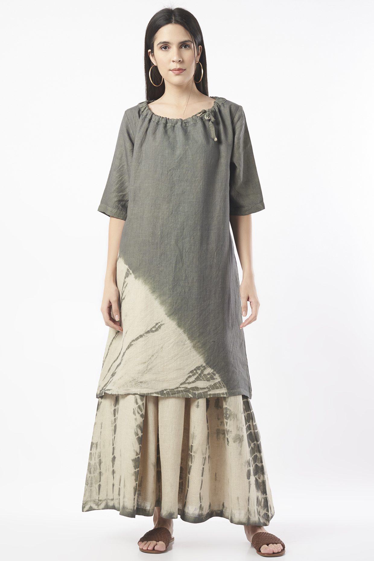 Grey & Beige Tie-Dyed Kurta by linencut