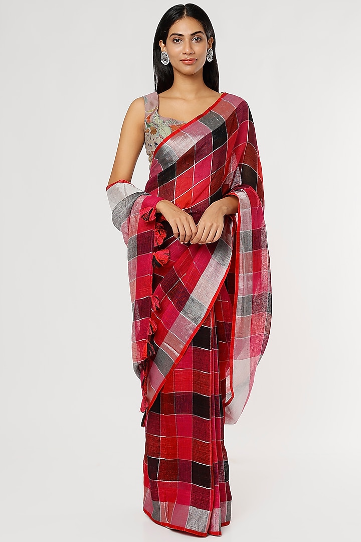 Red & Black Pure Linen Saree Set by linencut