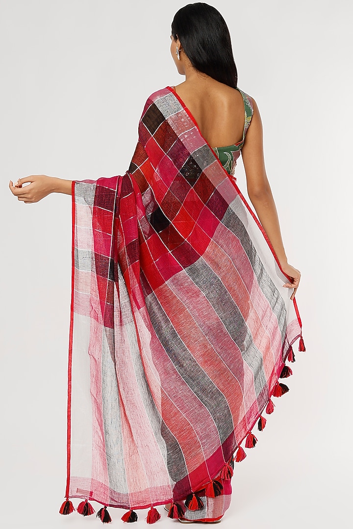 Red & Black Pure Linen Festive Saree Set by linencut at Pernia's Pop Up Shop