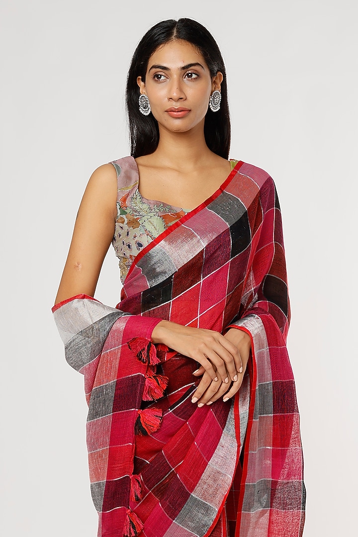 Red & Black Pure Linen Festive Saree Set by linencut at Pernia's Pop Up Shop