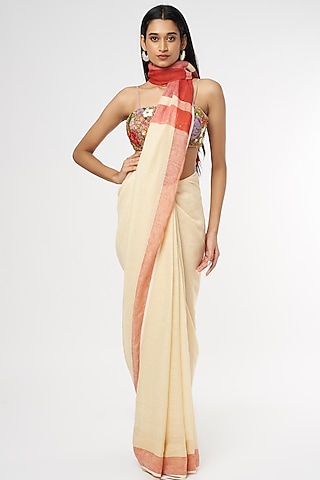 Cream & Red Pure Linen Saree by linencut