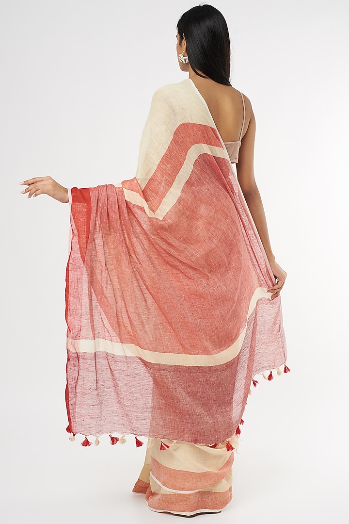 Cream & Red Pure Linen Festive Saree by linencut at Pernia's Pop Up Shop
