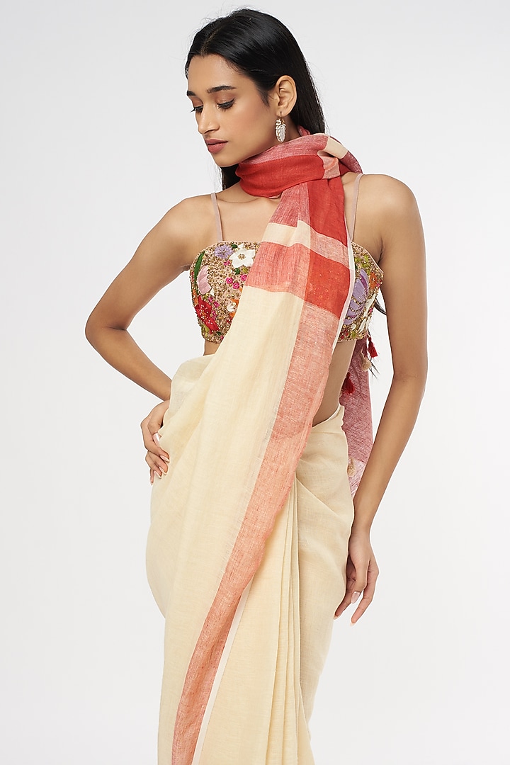 Cream & Red Pure Linen Festive Saree by linencut at Pernia's Pop Up Shop
