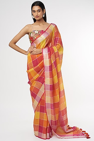 Pink & Orange Pure Linen Saree by linencut