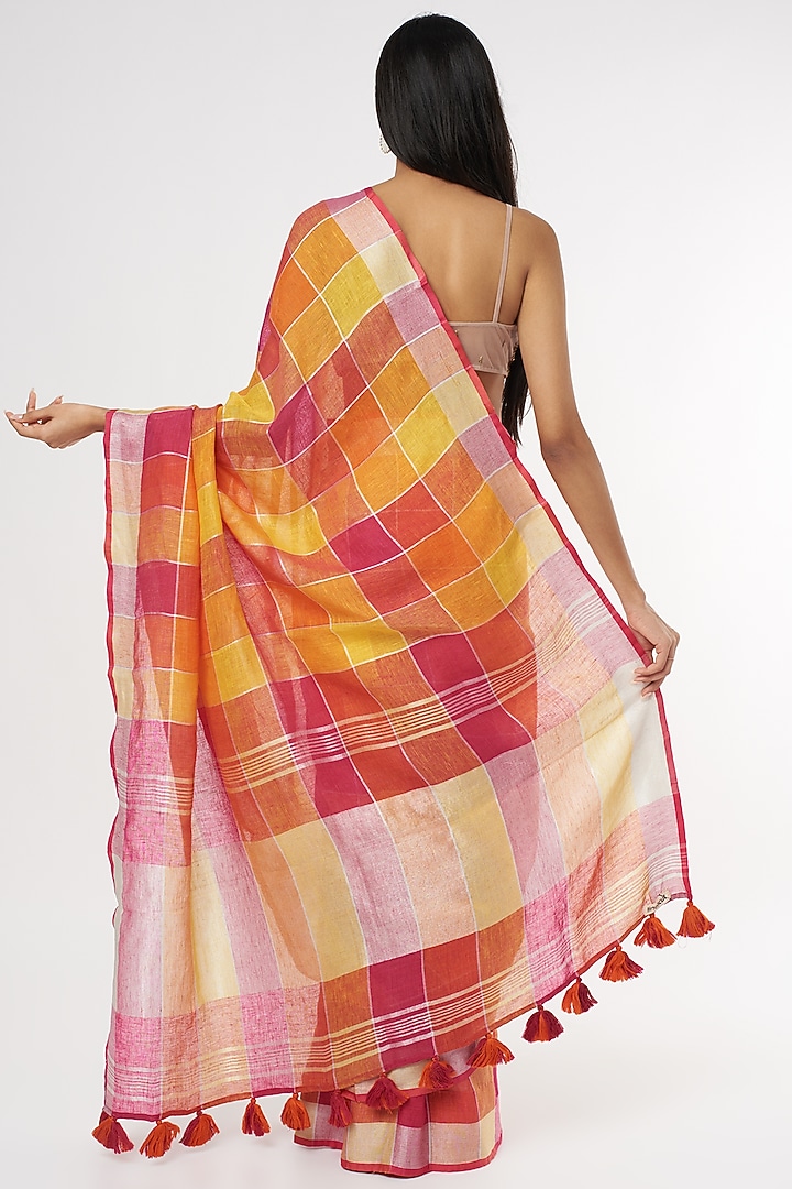 Pink & Orange Pure Linen Festive Saree by linencut at Pernia's Pop Up Shop