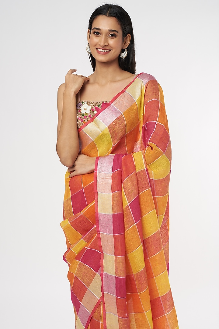 Pink & Orange Pure Linen Festive Saree by linencut at Pernia's Pop Up Shop