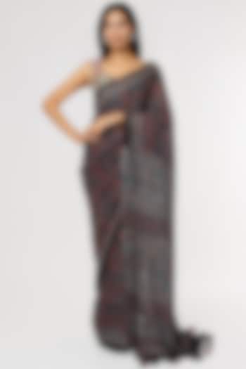 Black Pure Linen Printed Saree Set by linencut