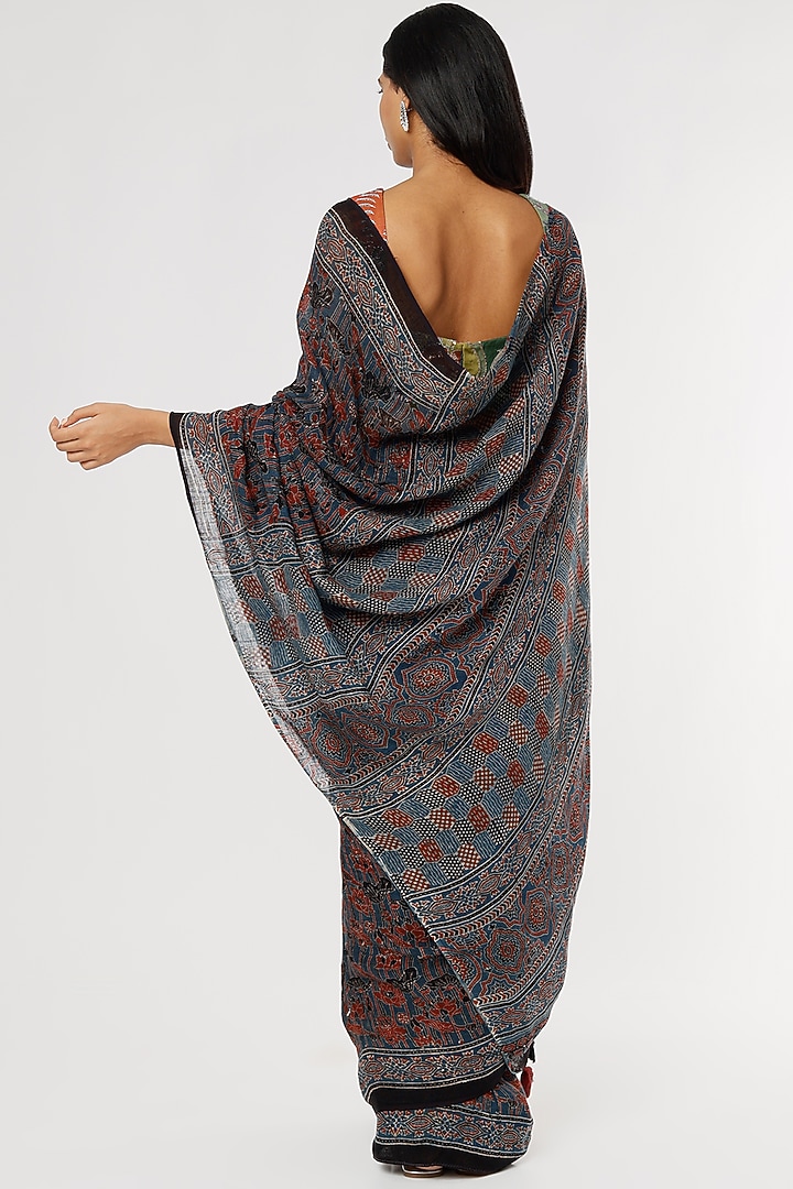 Black Pure Linen Printed Festive Saree Set by linencut at Pernia's Pop Up Shop