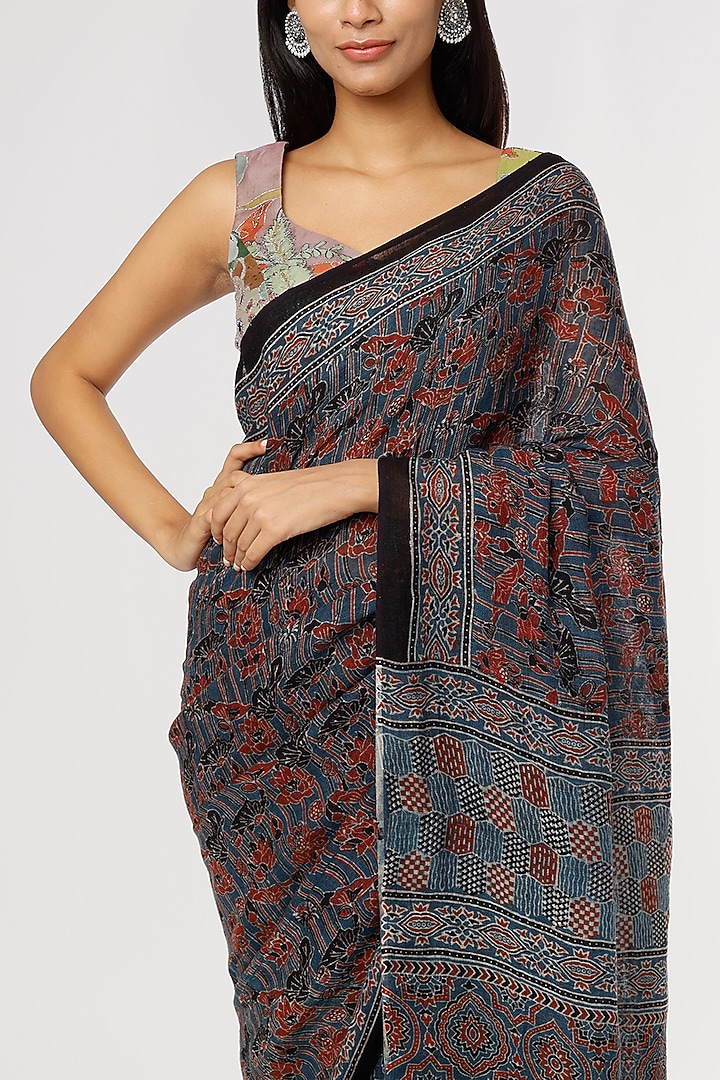 Black Pure Linen Printed Festive Saree Set by linencut at Pernia's Pop Up Shop