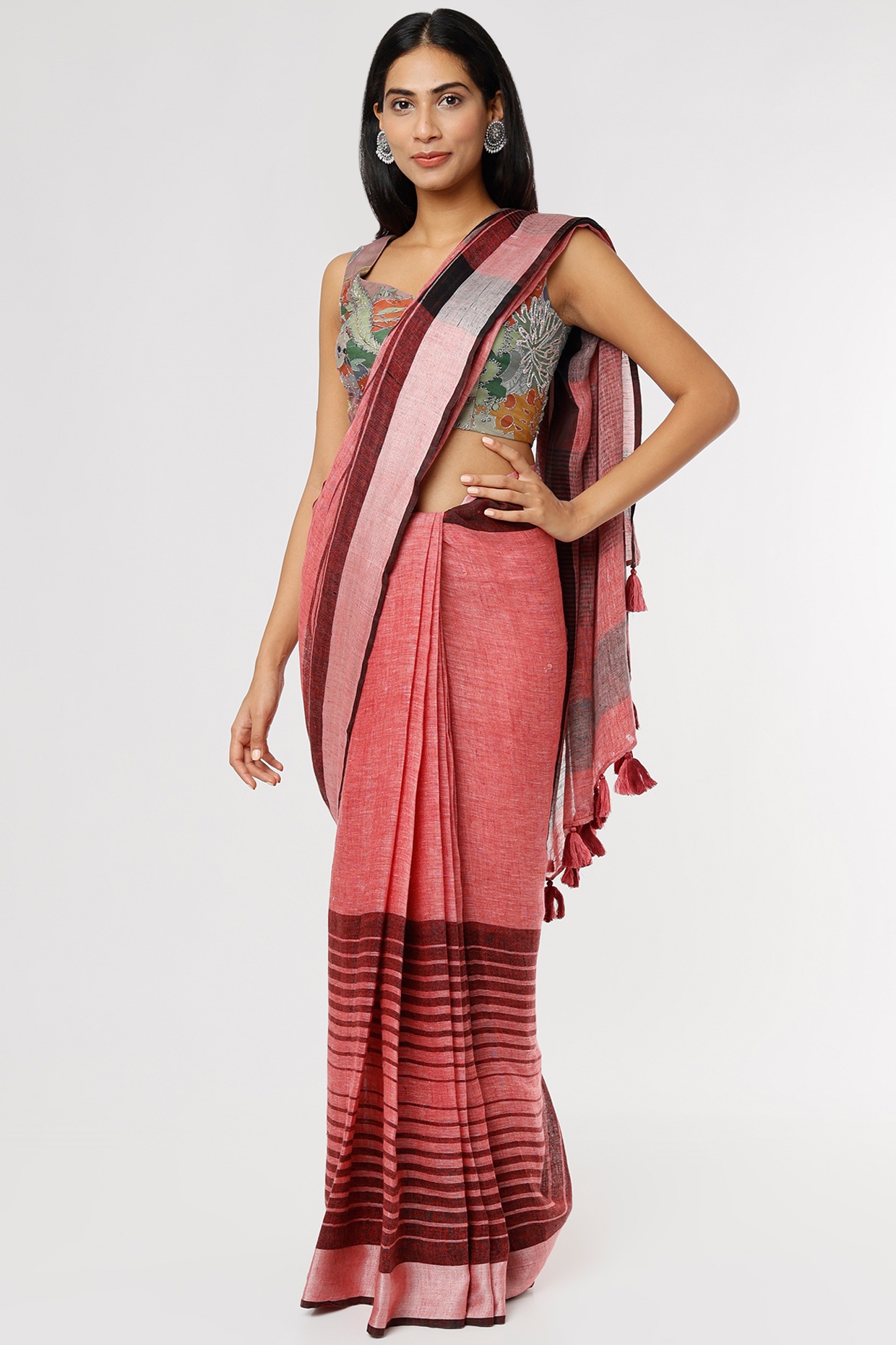 Black Satin Linen Printed Saree | LIVA-408 | Cilory.com