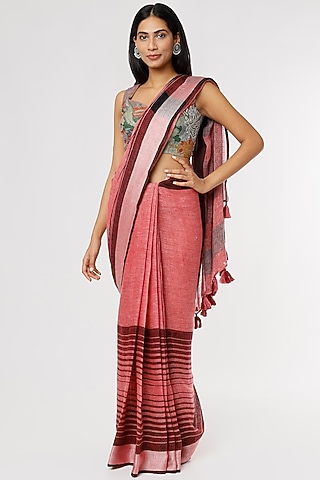 Pink Pure Linen Printed Saree Set by linencut